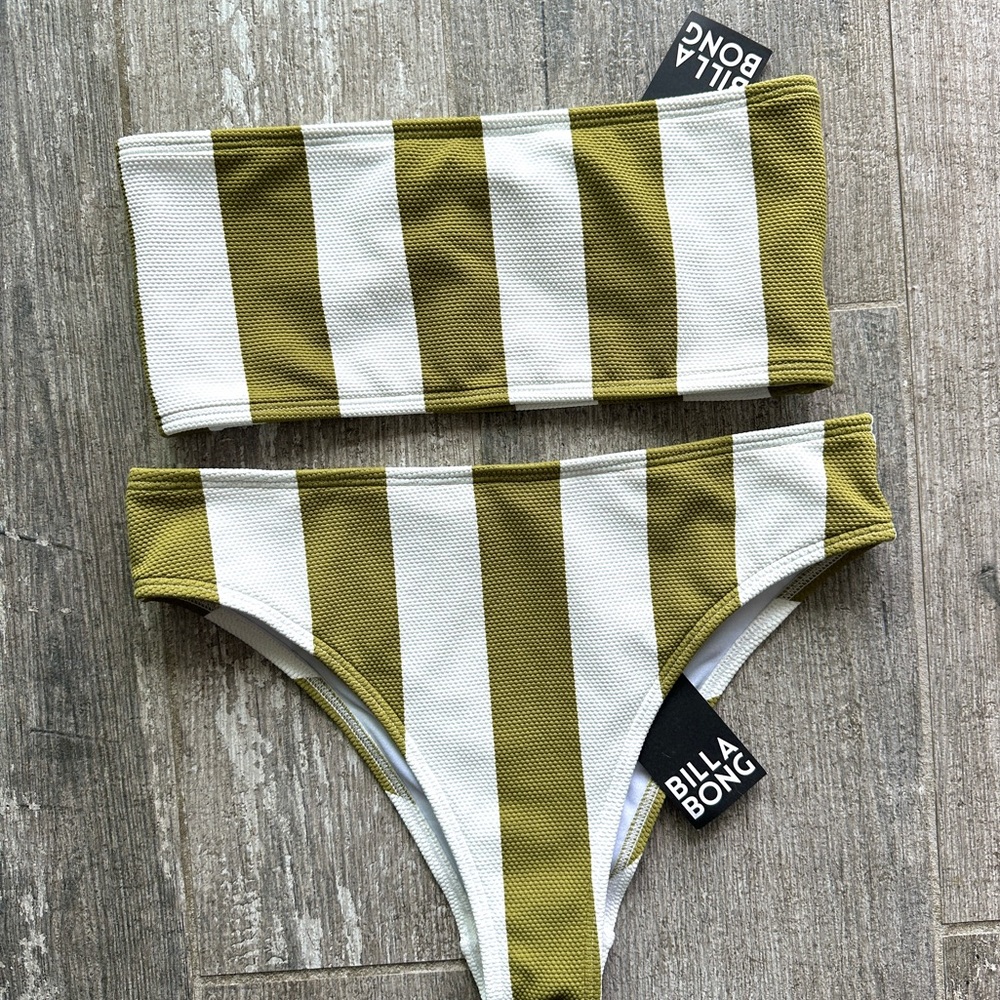 NWT BILLABONG -  SUN RAYS BANDEAU MAUI BIKINI SET striped green/white